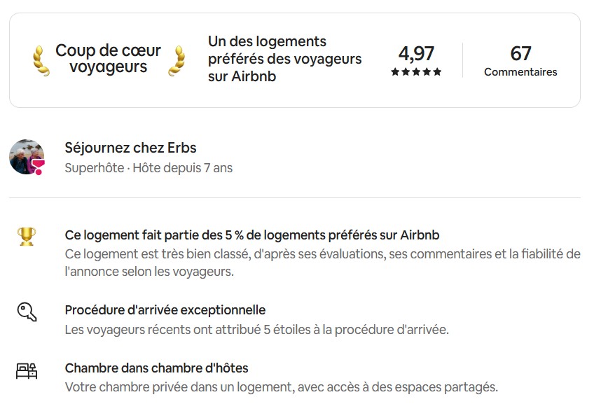 Note Airbnb 4.97/5 Coup de coeur voyageurs